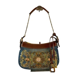 Vintage DOLCE&GABBANA Denim & Leather Bag Beaded Embroidered DG Logo Charm - Picture 1 of 10