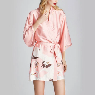 Women Kimono Coat Yukata Outwear Bathrobe Top Crane Faux Silk Loose Soft Slim - Image 1 of 4