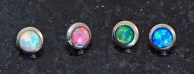 4 Pc Steel 14g 4MM Blue, White, Green Pink Natural Fire Opal Stone Dermal Anchor - Image 1 of 4
