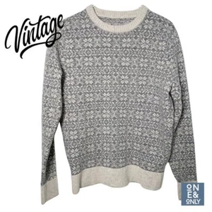Vintage J.CREW Lambswool Gray Cream Knit Pullover Snowflake Sweater Women Large - Picture 1 of 12