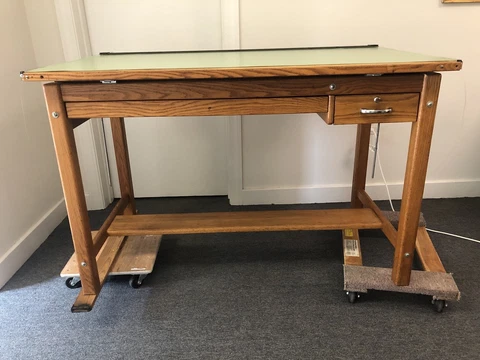 VINTAGE MAYLINE OAK DRAFTING TABLE -TILTS- 2 DRAWERS Cover