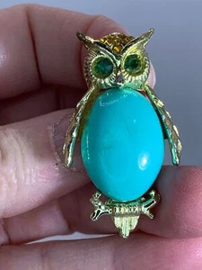 Bir Owl Green Yellow Pave Rhinestone Eyes Turquoise Vintage Gold Brooch M-3809 - Picture 1 of 3
