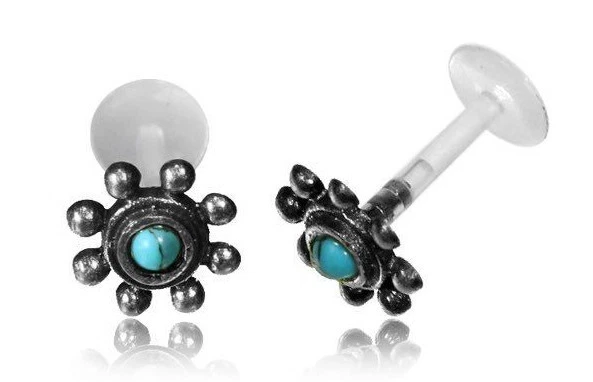 PENDIENTE BIOPLÁSTICO LABRET TRAGUS LIP flor plata única turquesa 16g 5/16 8mm Foto 1 de 3