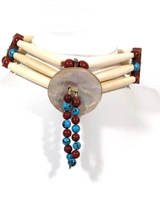 Native Tribal Blue Red Bead Shell Three Bar Leather Tie Choker Necklace 27 in - Picture 1 of 10