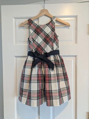 Ralph Lauren Polo Plaid Cream Red Holiday Christmas Girls Dress Size 7 Classic - Image 1 of 4