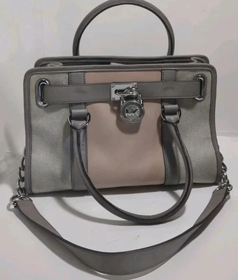 Сумка наплечная Michael Kors Hamilton серая розовая кожаная холщовая - Изображение 1 из 4