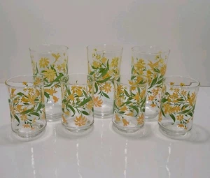 Vintage Libbey Gläser Kolibri Blumen gelb orange 7er Set MCM 6 & 12 Unzen - Bild 1 von 8