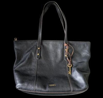 Fossil Jenna Black Pebbled Leather Tote Shoulder Bag Purse Large Zipper - Image 1 of 4