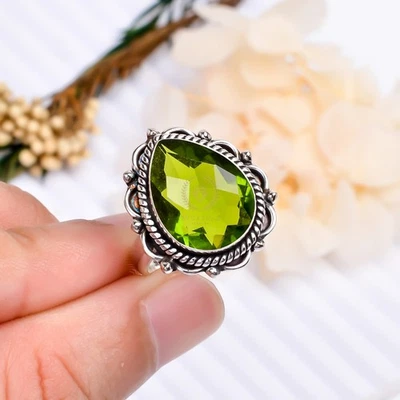 Beautiful Green Peridot Stone 925 Sterling Silver Women Dainty Jewelry Ring - Image 1 of 4