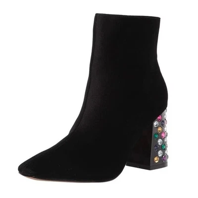 Betsey Johnson Vita 7.5 M 黑色天鹅绒高跟鞋踝靴珠宝粗跟 — 第 1/4 张图片