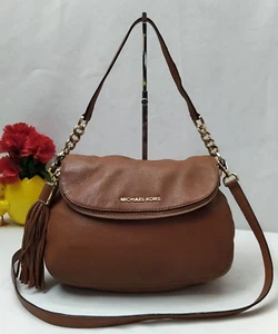 Michael Kors Bedford Brown Pebbled Leather Tassel Zipper Foldover Crossbody Bag - Picture 1 of 20