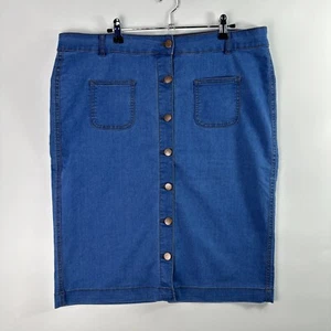 BHS Denim Skirt Size 18 Women Blue Knee Length A-Line Stretch Front Button - Picture 1 of 10
