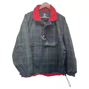 Chaps Ralph Lauren Men’s Medium Green Blue Plaid Hidden Hood 1/2 Zip Pull Over - Picture 1 of 8