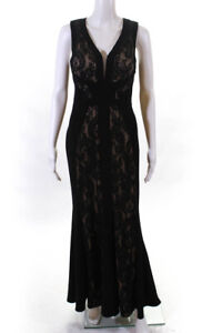 LM Collection Womens Back Zip V Neck Black & Nude Lace Gown Size 4 13451195