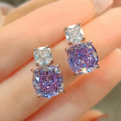 New 10mm Ice Flower Cut Purple Amethyst Gems Silver Women Girl Stud Earrings - Image 1 of 4