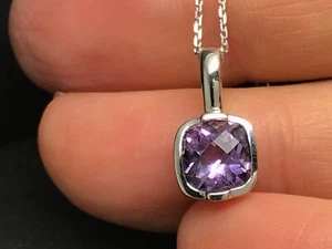 amethyst pendant 9ct white gold Cushion chequerboard cut 18” chain Gift box. - Picture 1 of 8