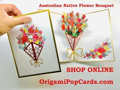 Native Waratah Banksia Wattle Bouquet Gold 3D Pop Up Greeting Card Birthday AUS - Image 1 of 4