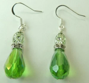 Earrings with Green Crystal with Rhinestones Wedding Mother of Bride Handcrafted - Picture 1 of 1