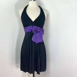 Vestido de cóctel vintage Y2K B Darlin tejido negro talla 1/2 grande morado lazo baile - Imagen 1 de 9