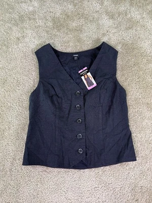 Chaleco Express Mujer Calce Clásico Cuello en V Abotonado Lino Talla Pequeña Negro Nuevo con Etiquetas E862 Foto 1 de 4