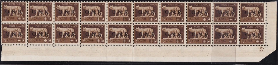 1944 RSI, No. 470 5 cent. brown MNH/** BLOCK OF 20 WITH TABLE NUMBER - Image 1 of 1