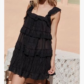 Gacaky Lace Trim Mini Ruffle Flowy Black Babydoll Dress Romper Built-in-shorts