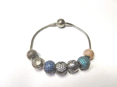 Auténtico Brazalete Pandora Plata de Ley 925 Dije 7" Con 7 Dijes (21.7g) Foto 1 de 4