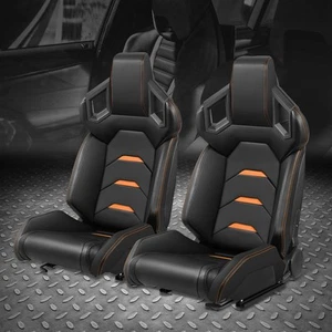 Pair of Universal Black Vinyl Orange Stitching Reclinable Racing Seats w/Sliders - Picture 1 of 8