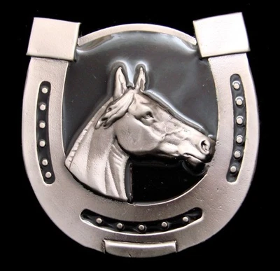 RG20134 *NOS* ESTILO VINTAGE AÑOS 80 **CABEZA DE CABALLO EN HERRADURA** HEBILLA DE PELTRE Foto 1 de 2