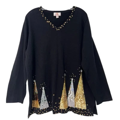 The Quacker Factory Sequin Sweater 1X Black Gold Sparkle Christmas Tree Festive - Image 1 of 4