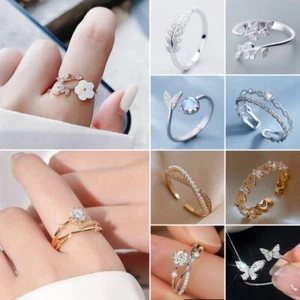 Elegant 925 Silver Flower Love Heart Zircon Open Ring Women Adjustable Jewelry - Picture 1 of 73