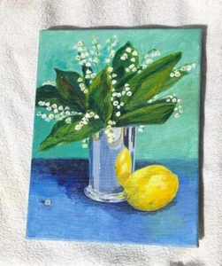 Pintura vintage bodegones lirio del valle y limón estilo flamenco holandés - Imagen 1 de 12