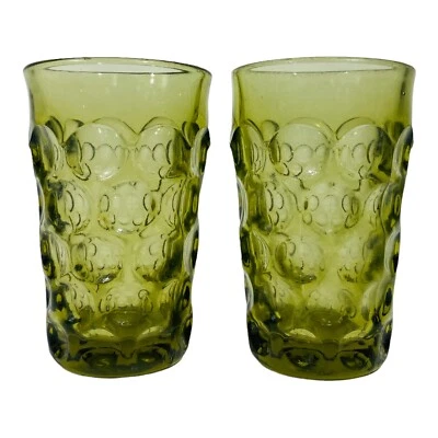 Vintage Green Coin Dot Juice Glass Tumbler 3.75" Tall Hazel Atlas? Set of 2 - Image 1 of 4