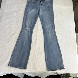 Pantalones de mezclilla Kendall Kylie tiro alto acampanados azules elásticos campana parte inferior 1/2 Distress - Imagen 1 de 16