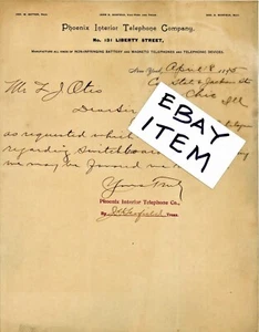 1895 LETTERHEAD New York PHOENIX INTERIOR TELEPHONE John Scofield George Sutton - Picture 1 of 1
