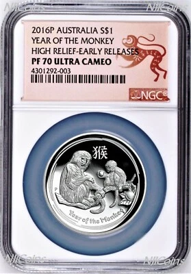 2016 Australia Lunar Year Of Monkey High Relief Proof 1oz Silver Coin NGC PF70  - Image 1 of 4