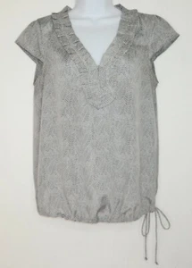 Banana Republic Womens M Gray & White Blouse Dot Leaf Ruffle Neck Cap Sleeve  - Picture 1 of 9