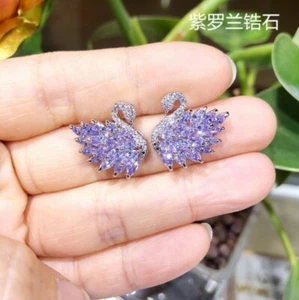 925 Sterling Silver Shiny Swan Design Genuine Amethyst Gemstone Stud Earrings - Picture 1 of 7