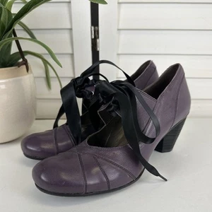Fidji Purple Cone Heel Pumps Retro Tie Mary Jane Shoes Cottage Size EU 38 US 7.5 - Picture 1 of 11