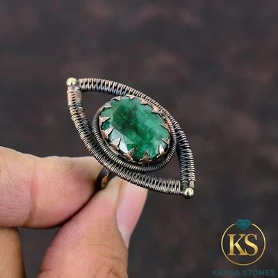 Anillo de cobre zambia piedra esmeralda hermana envuelto en alambre boda declaración joyería Foto 1 de 4