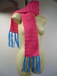 Nos Vintage 1970s Winter Wrap Scarf Pink Knit Blue Tassels Fairy Kei Retro Tie - Picture 1 of 12