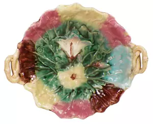 Majolica Morning Glory Compote Bowl Footed Twig Handles Colorful Large Antique - Picture 1 of 10