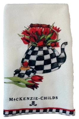 MacKenzie-Childs Red Tulips Checkered Kettle Tea Dish Towel 18x26”-BRAND NEW
