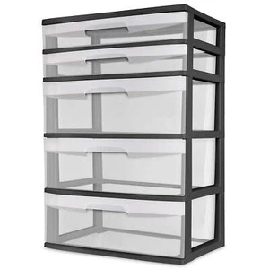 Plastic 5 Drawer Wide Tower Black - Picture 1 of 6