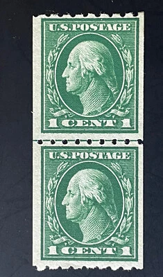 US Stamps;  Scott #410  Genuine Coil Line Pair 1912 Washington OG NH M $70 F/VF - Image 1 of 4