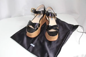 Prada Saffiano Leather Black Wedge Platform Sandals Size 6 US/36 ½ EU. RARE - Picture 1 of 12