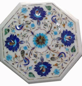 12" marble side end Table Top pietra dura inlaid marquetry art handcrafted work - Picture 1 of 3