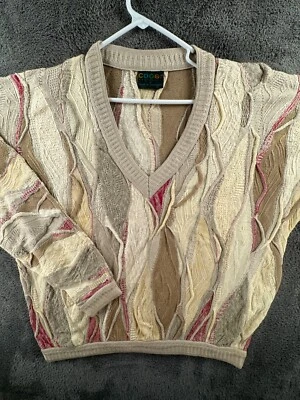 COOGI Australia Authentic Knit Sweater Men Large Beige Red V Neck Cotton Linen - Image 1 of 4