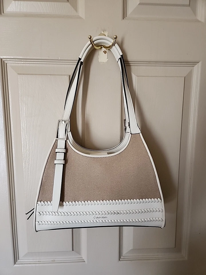 New~CALVIN KLEIN 2024 Quill Whip Stitch Shoulder Bag In Natural White Macy's  - Image 1 of 4