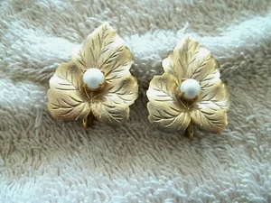 SARAH COVENTRY Clip Earrings, Gold Tone Metal, Leaf Design, Faux Pearl Accent - Picture 1 of 2